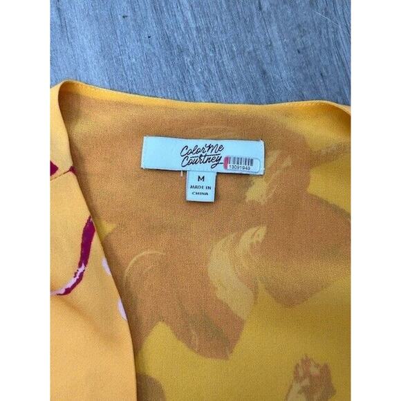 Color Me Courtney Eleanor Wrap Dress Tie Side 3/4 Sleeves V Neck Floral Yellow M - Picture 7 of 11